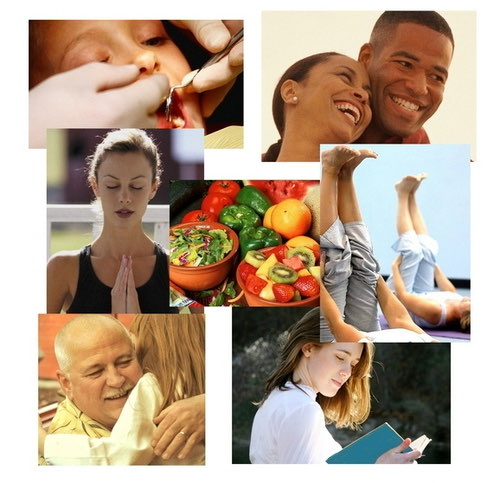 A collage of holistic health practices — acupuncture, meditation, whole foods, yoga and community